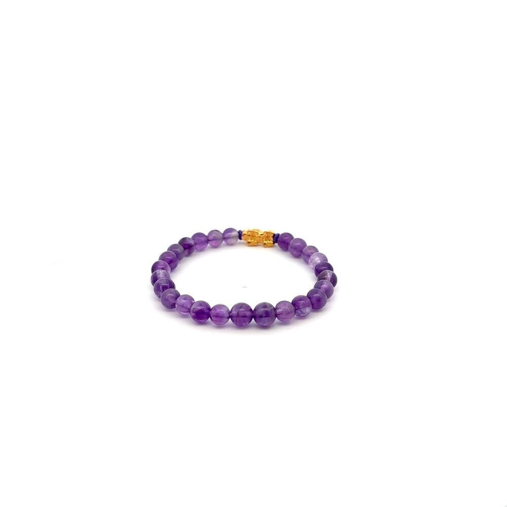 18K Gold Pixiu Piyao Lucky Charm Bracelet Natural Amethyst Gemstone 6mm February - Picture 4 of 5